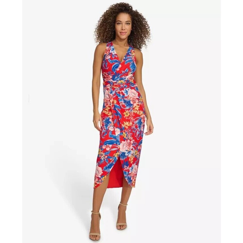 Siena Women's Floral Side-Ruched Sleeveless Summer Midi Dress Red Multi 14